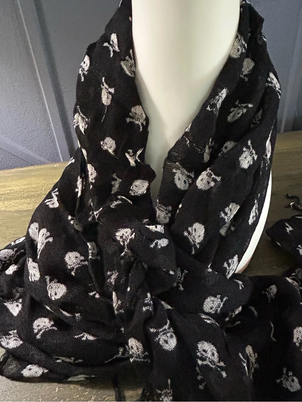 Black Scarf with White Skull Print Lightweight Scarf